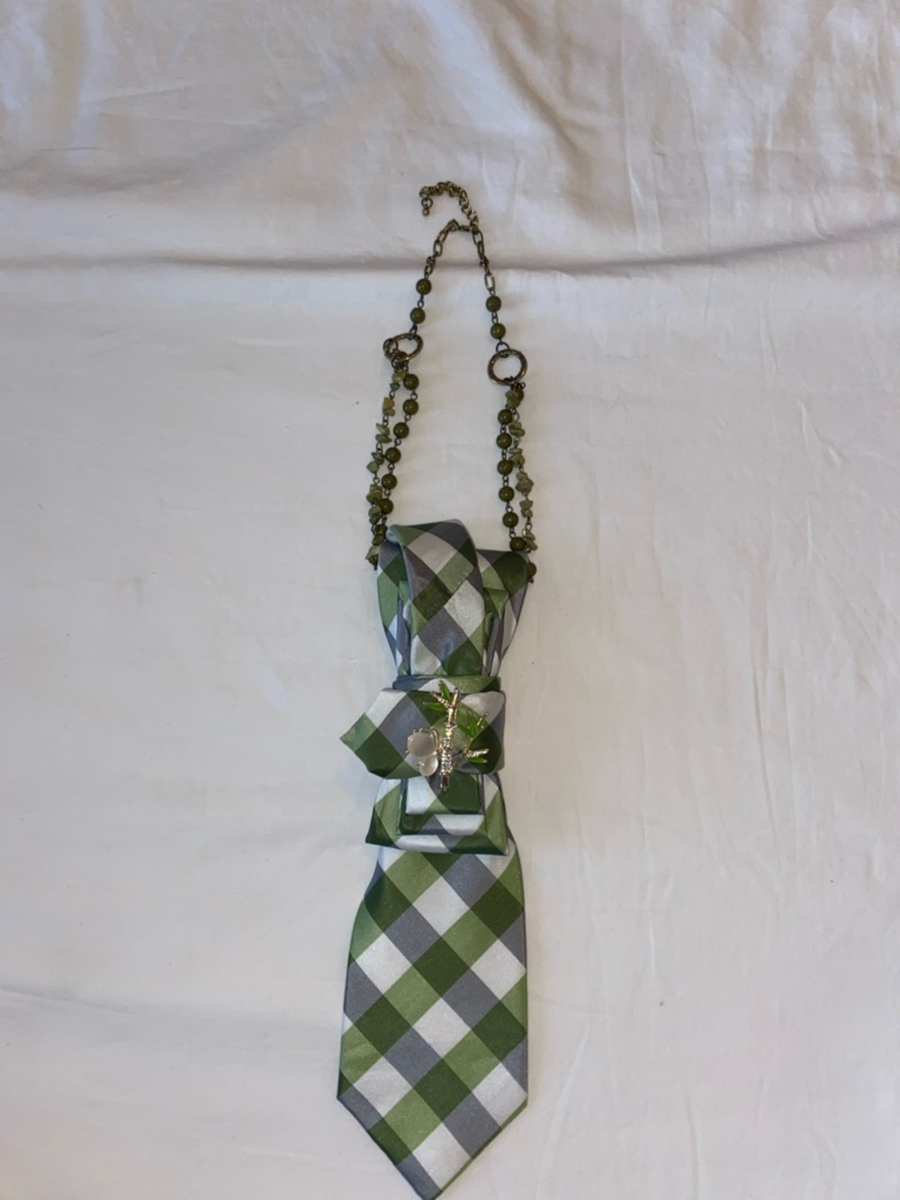 Green and White Plaid Necktie Necklace with Butterfly